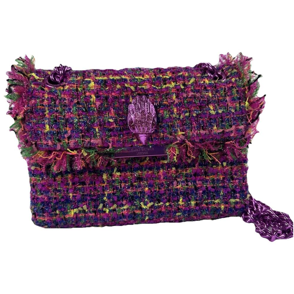 Kurt Geiger London Mini Kensington Bouclé Tweed Bag Purple Eagle Head Chain